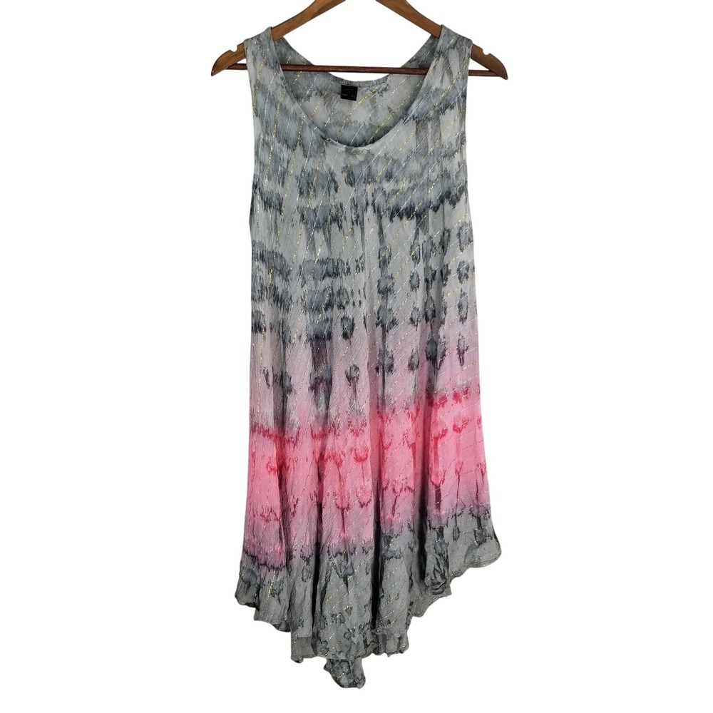 Zury Womens Tie Dye‎ Handkerchief Hem Tunic Swim Cover Pink Grey Gold Metallic